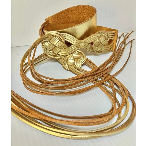 Gold Leather Fringe Tassel Tie Belt RLL Ralph Lauren Sz M Boho Metallic Sash - Picture 1 of 7